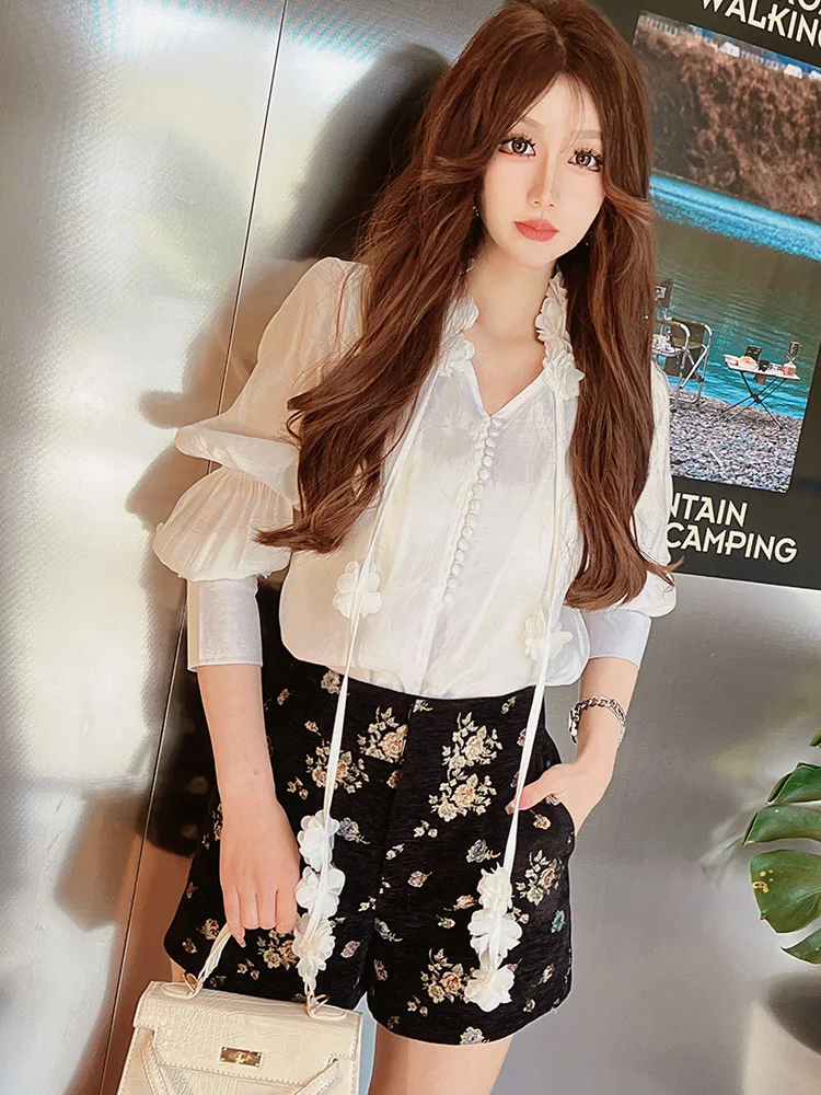 

Dabuwawa Chiffon Blouse Tassel Puff Long Sleeve V Neck Lace Up Shirt Summer Female Trend Women Top 2023 New DM1AST027