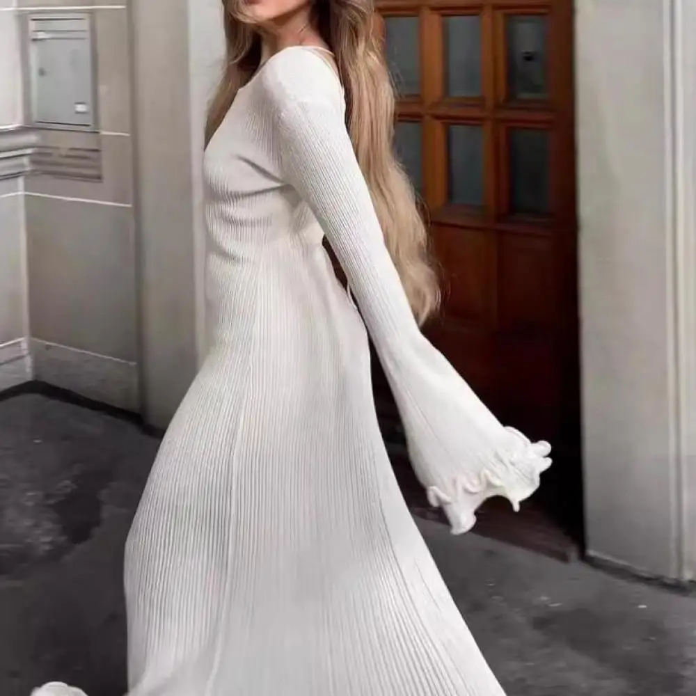 

Women Pleated Ruffled Dress Backless Long Dresses Full Sleeves White Elegant Knit Vestido Fishtail Robe Fashion Sweater Dress