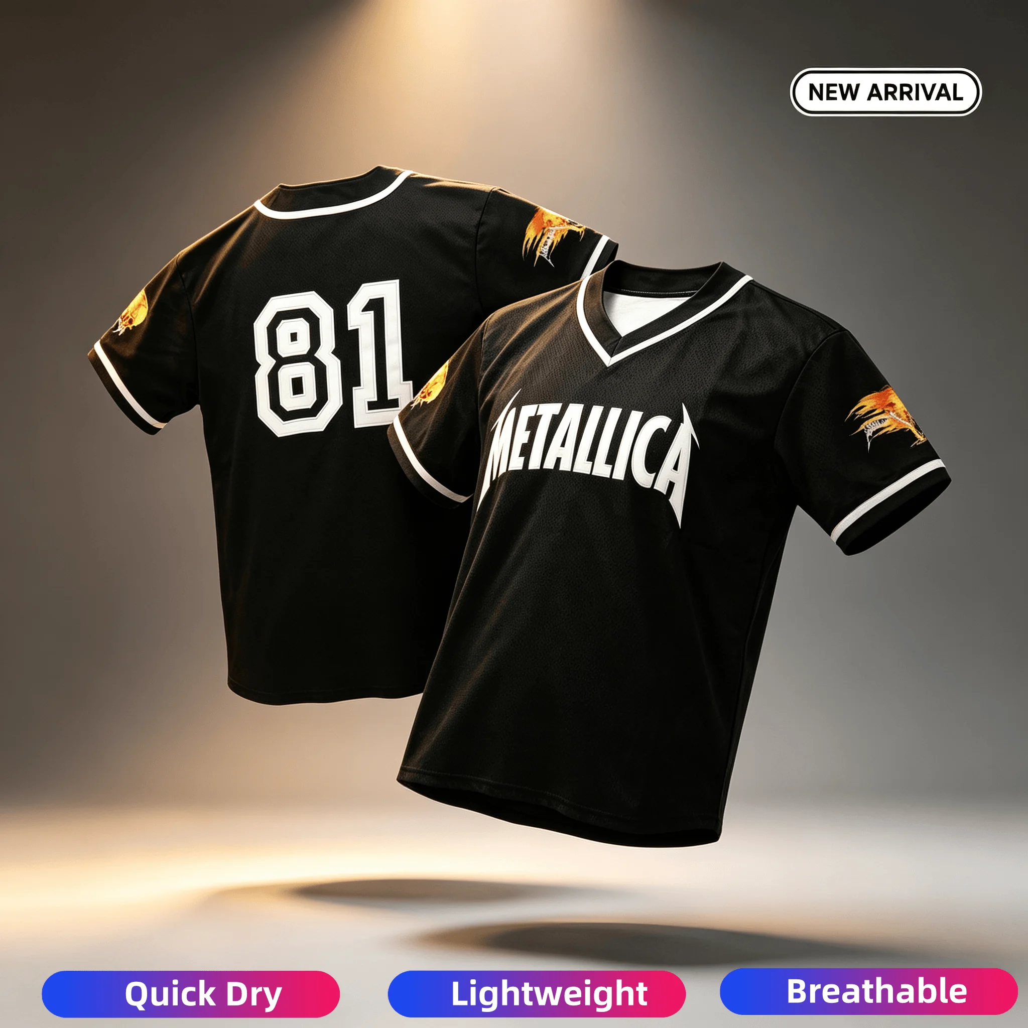 Metallica 1981 Schwarze Retro-Baseball-Trikots 3D T-Shirt Rockband Unisex Herren- und Damen-Familien-Kurzarm-Lose-Oberteile
