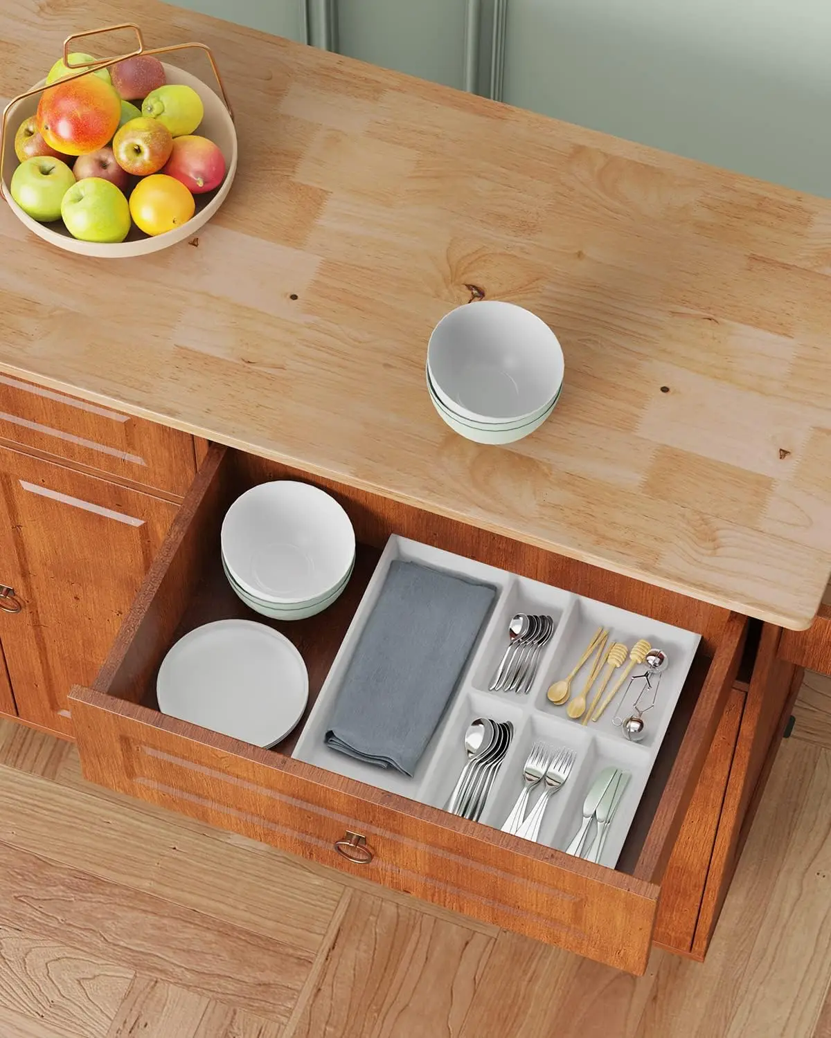 Kitchen Island with Drop Leaf and Storage on Wheels Two Drawers Large Storage Cabinet Towel Rack Spice Cart Brown