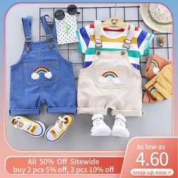 2Pcs Children Summer Clothes Sets Fashion Rainbow Stripe T-shirt+Overall Pants Cotton Kids Short Sleeve Outfits Boy Girl Costume