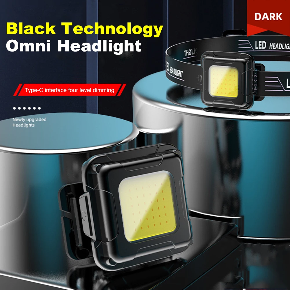 Multifunctional Head Torch 4 Light Modes Mini COB LED Headlight Type C USB Charging Adjustable Angle for Camping Running Hiking
