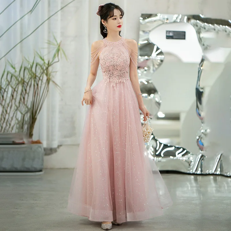 

New Arrival Sleeveless Pleat Floor-Length Sequins Zipper Back A-Line Halter Tulle Pink Sexy Formal Dress Dress Woman Party A2802