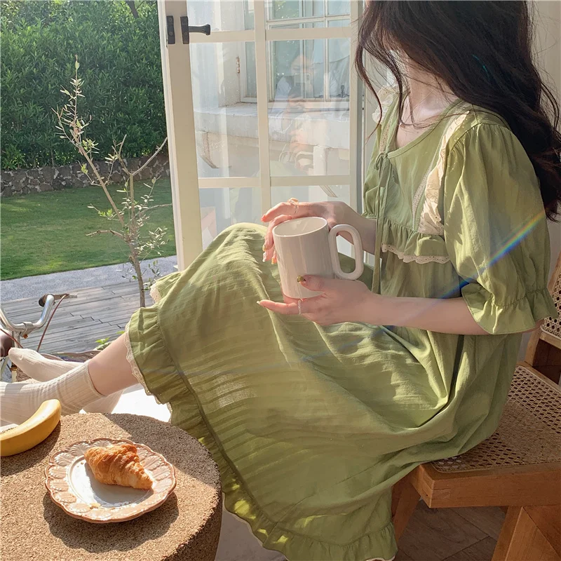 Green Summer Nightgown Women Lace Ruffles V-Neck Short Sleeve Long Sleepwear Loose Casual Cotton Night Dress Kawaii Striped