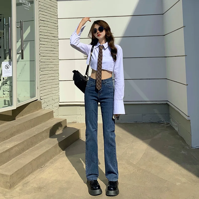 

2023 Spring and Autumn New Korean Straight Leg Jeans Women's High Waist Slim Relaxed Loose Fit Long Smoke Pipe Pants