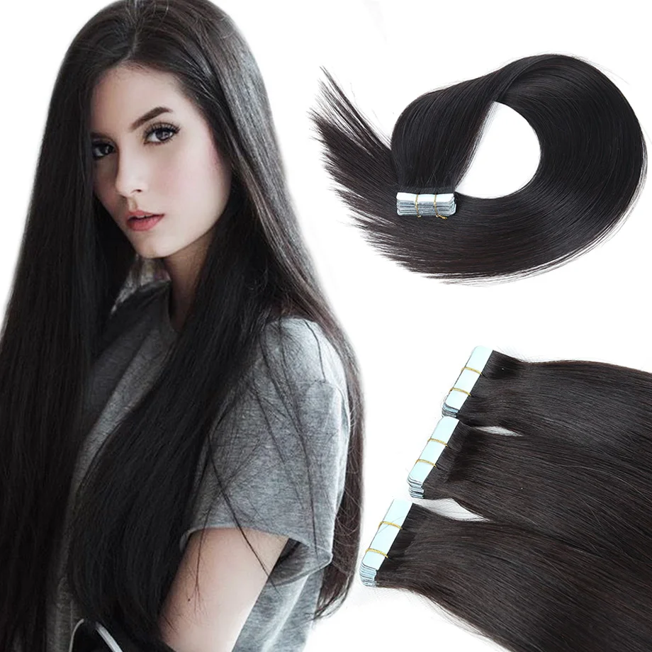 

Tape in Hair Extensions Human Hair Natural Black #1B Silky Straight Seamless Skin Weft Tape in Human Hair Extensions 20/40pcs