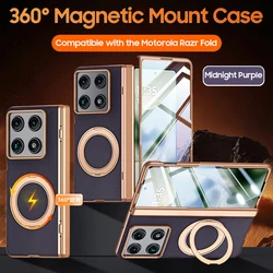 Premium Business Magnetic PU Leather Folding Case with Glass & Rotating Holder for Motorola Razr Fold (Purple)