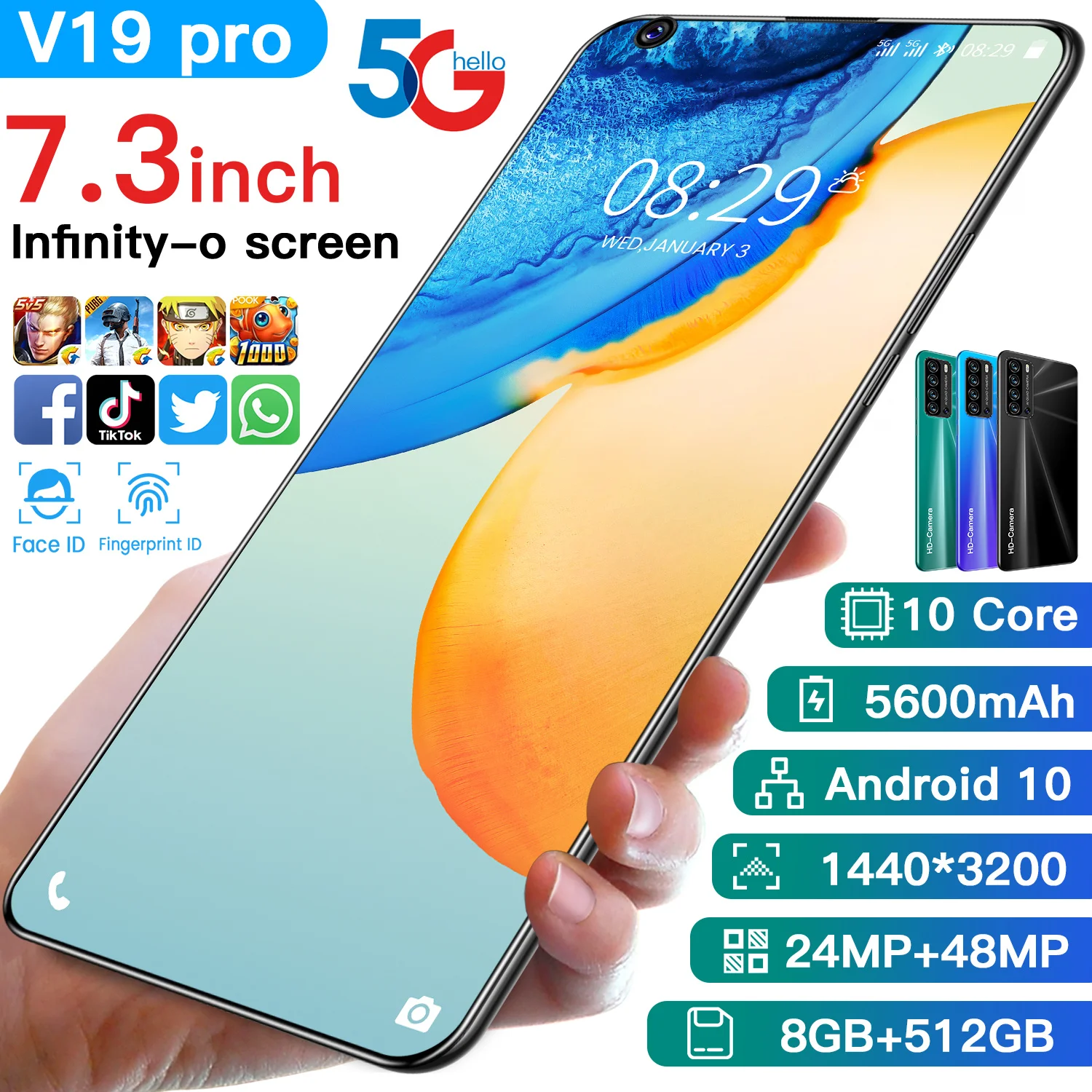 2022 NEW V19 Pro Cheap Smartphone New Cell Phone Android10.0 and 7.3Inch HD Screen 12GB+512GB 5G Network | Мобильные телефоны и