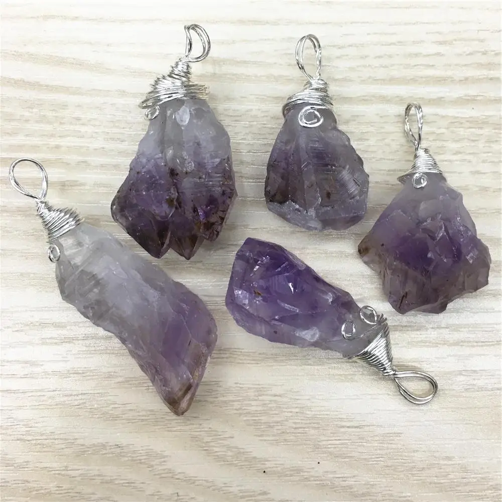 New Fashion Natural Stone Raw Ore Amethysts Silvers Pendant&Necklace Wire Winding Purple Crystal Stone Pendants 6pcs Wholesale