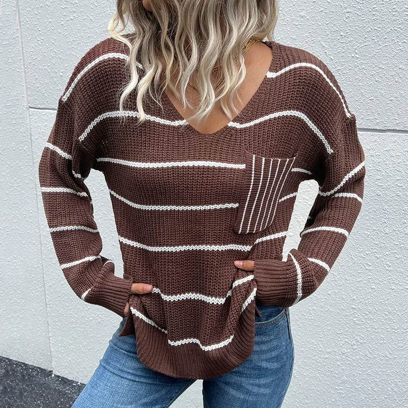 

Women's Pullover 2023 Autumn/Winter Leisure Fashion Women Clothing V-neck Long Sleeve Knitted Stripe Sweater S-L