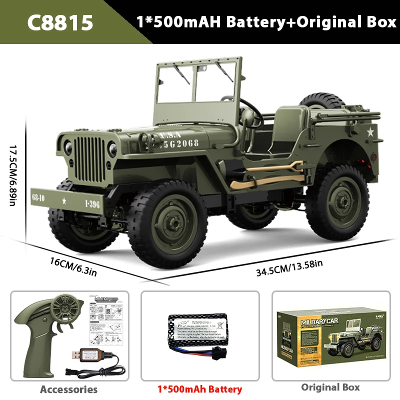 JJRC C8815 1/10 WILLYS JEEP Rc Car 1941 4WD RTR Crawler Climbing Scale Military Truck Offroad Vehicle Adult Toy Gift for Kids