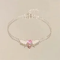 Crystal Angel Wings Pink Heart Pendant Necklaces Y2K Girl Women Heart Clavicle Chain Choker Fashion Jewelry Gifts 3
