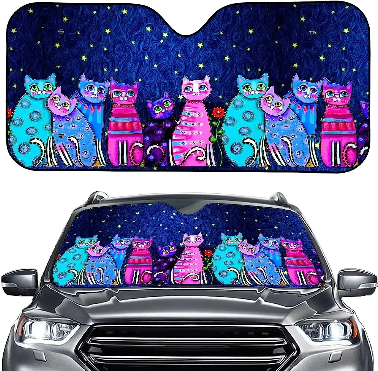 

Night Cat Foldable Windshield Sun Shade for Car Sedan Auto Front Window Sunshade Sun Visor Shield Cover with Suction Caps