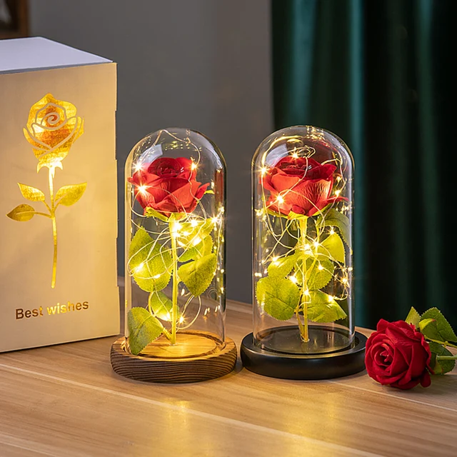 Beauty and the Beast Eternal Rose with LED Lights – Artificial Silk Rose in Glass Dome 1