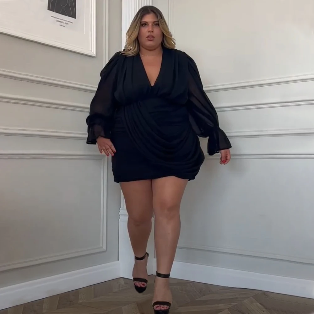 

Plus Size Cocktail Dresses for Women 2023 Long Sleeves Mini Cockail Party Gown Black Chiffon V Neck Simple Party Dresses Custom