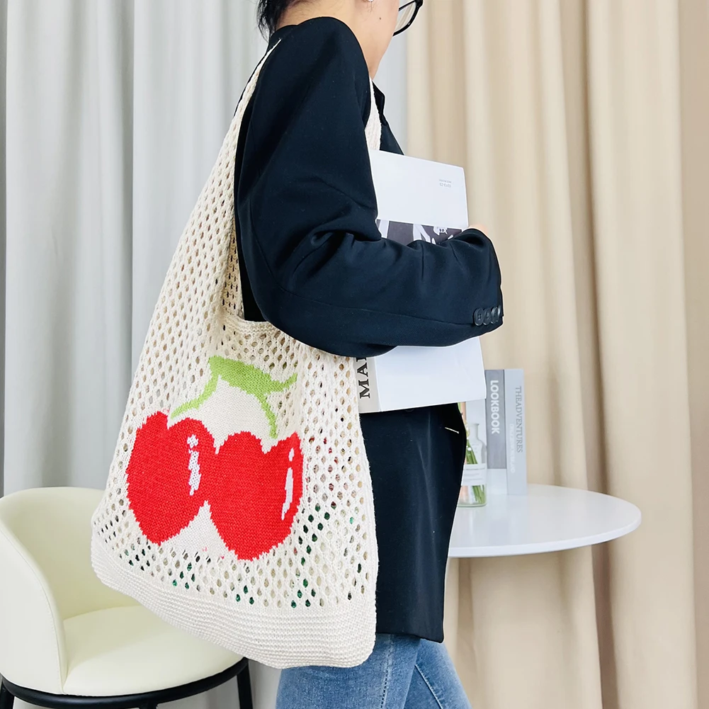 Women's Crochet Bag Cherry Knitted Handbags Large Capacity Summer Beach Woven Shoulder Bag Girls Travel Tote Hollow Shopper Bag