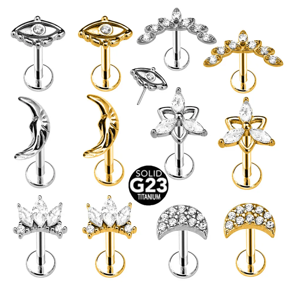 

ASTM F136 G23 Titanium Flower Moon Crown Threadless Piercing Crescent Pin Push in Labret Stud Daith Conch Earring 16G 18G 20G