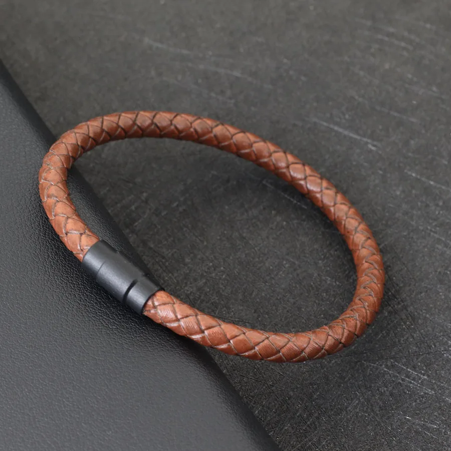 Mens Leather Bangle Bracelet Black Magnet Buckle