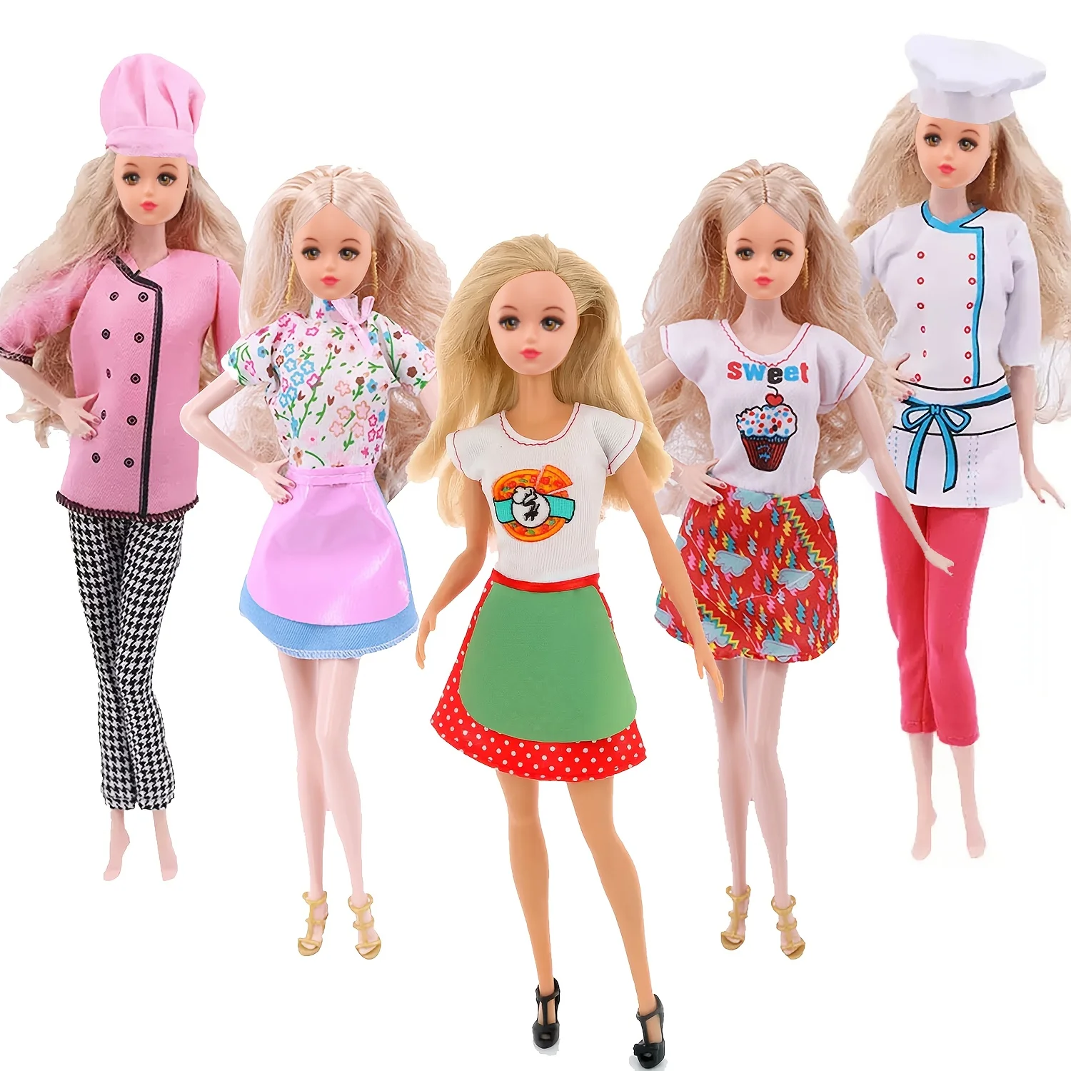 5 sets of 11 inch women doll role-playing chef waiter doll costume with hat DIY cute and fashionable dress up game