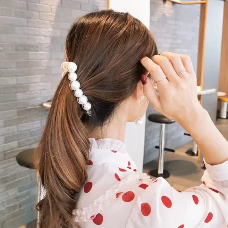 우아한 진주 바나나 클립, 수직 클립 트위스트 포니테일 홀더 머리핀, 간단한 머리 장식, 헤어 액세서리, 인스 패션