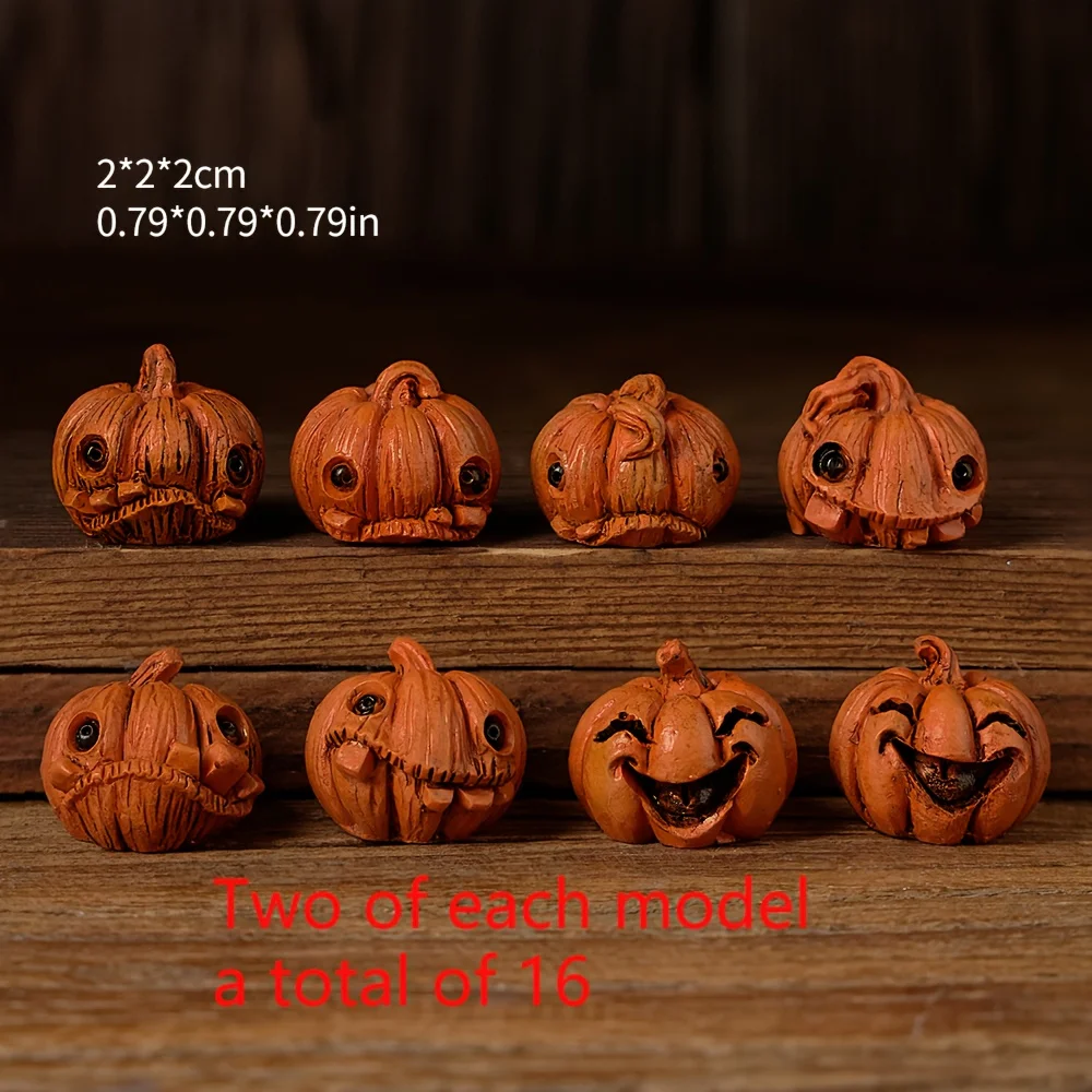 16 Stück Halloween Mini Kürbis Harz Figuren Vintage Gruselige Dekoration Rote Augen Jack O Laterne Gesichter Batteriefreie Tischanzeige – Detail 3