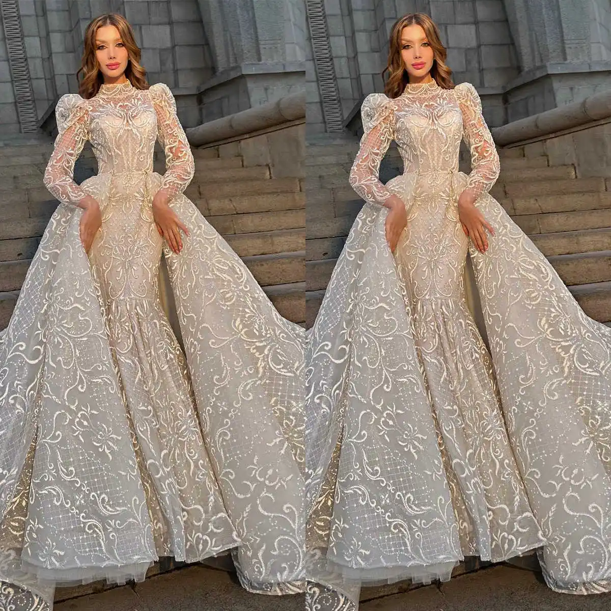 

Elegant Mermaid Gown Wedding Dresses Flowers Pattern Lace Sweep Train Bridal Gowns Big Size Vestidos De Novia Custom Size Colour