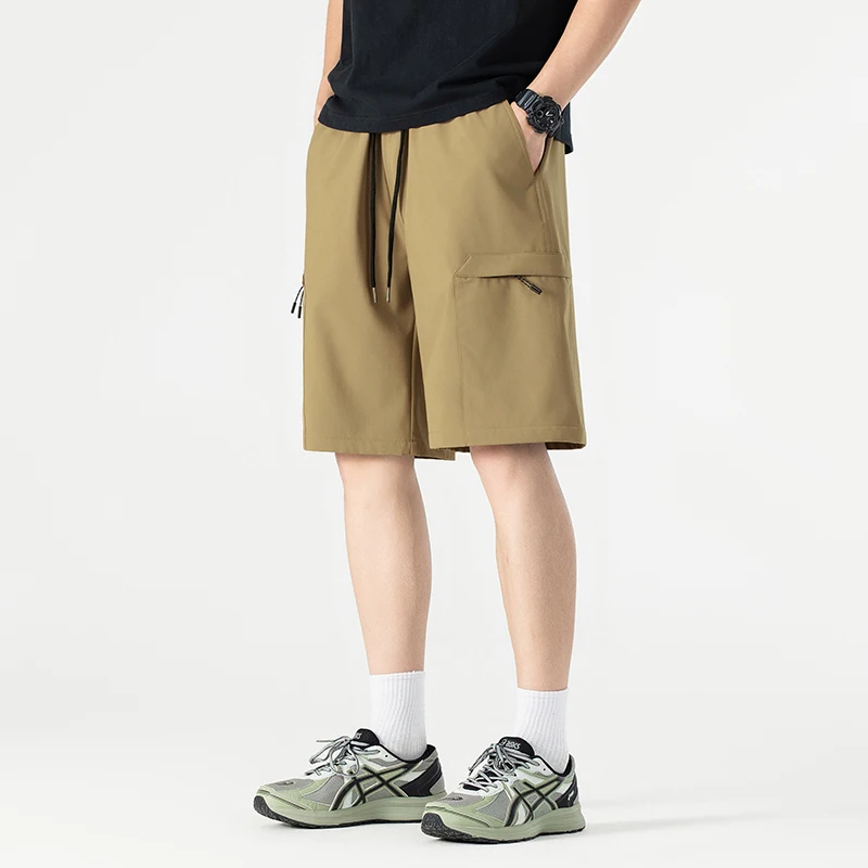 Fashion Elastic Lace Up Solid Color Pockets Casual Shorts Men's Clothing 2024 Summer Loose Korean Straight High Waist Shorts