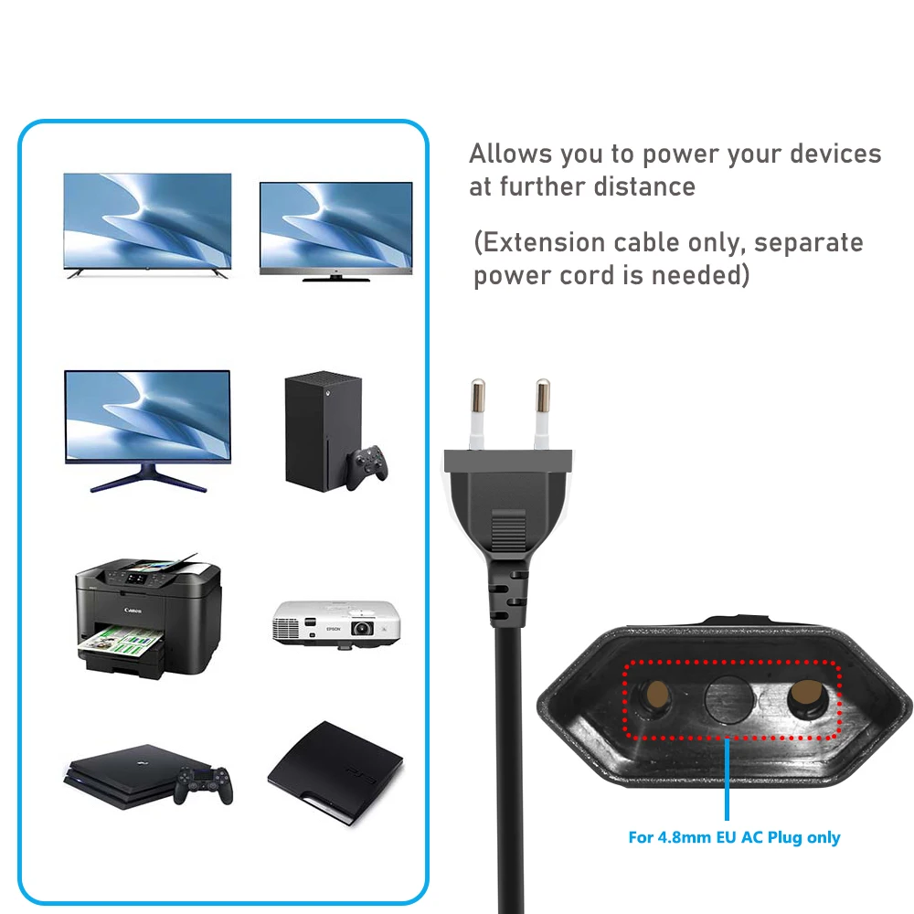 EU Power Extension cable 2-Prong European EU Male to Female Power Extension Cord 5M/3M/1.5M/1M/0.5M EU AC power cord Extension - 3