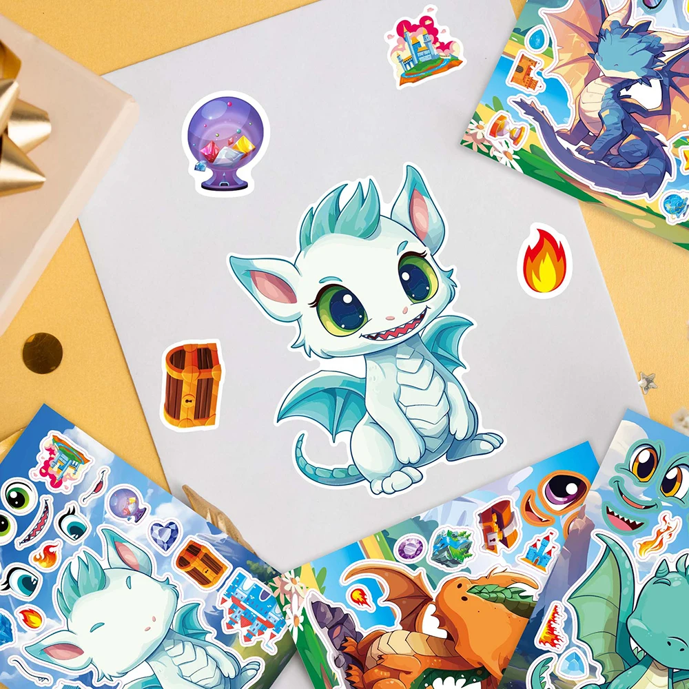 Puzzle Stickers Cartoon Stickers 8/16Sheets Funny Dinosaur Puzzle Stickers Children Make a Face Assemble Jigsaw Decal DIY Cartoon Toy Boys Girls Party Games Gift