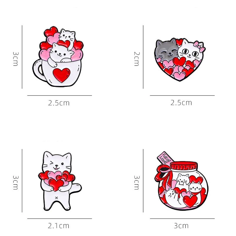 Cute Cartoon Cat Enamel Brooch Creative Animal Valentine's Day Heart Gift Lapel Pin Badge Backpack Clothing Hat Accessories 4pcs