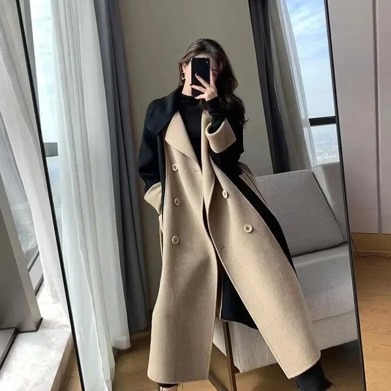 Vintage Long Coat Women Long Sleeve Turn-down Collar Panelled Female Midi Jacket 2023 Autumn Winter Lace UP Loose Lady Outcoat