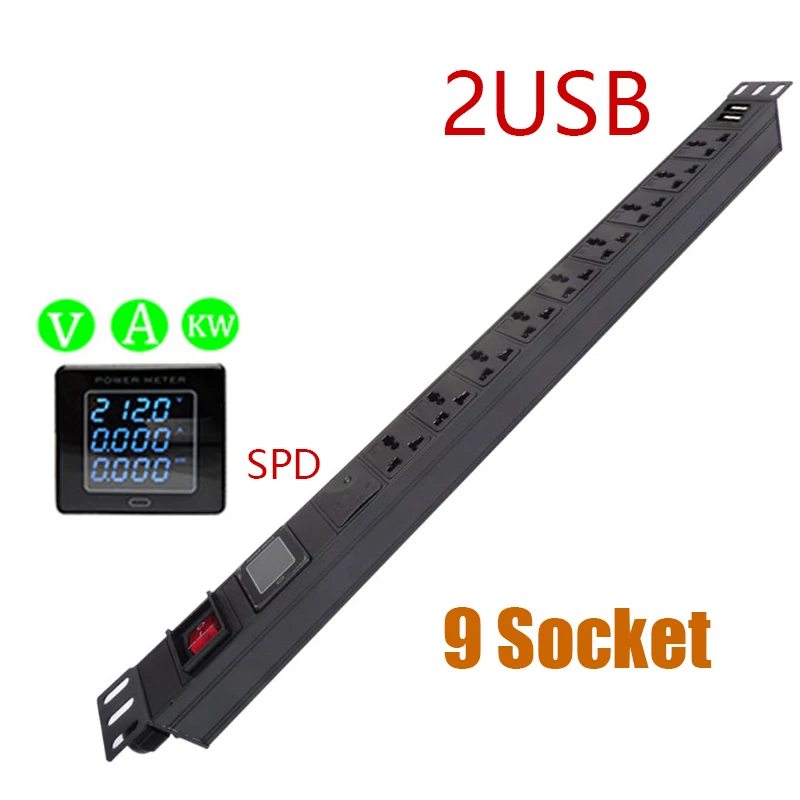 

Aluminium Alloy Shell Universal USB Power Strip Smart Digital Display Current/Voltage/Power Meter 9 Socket 2Meter Cord