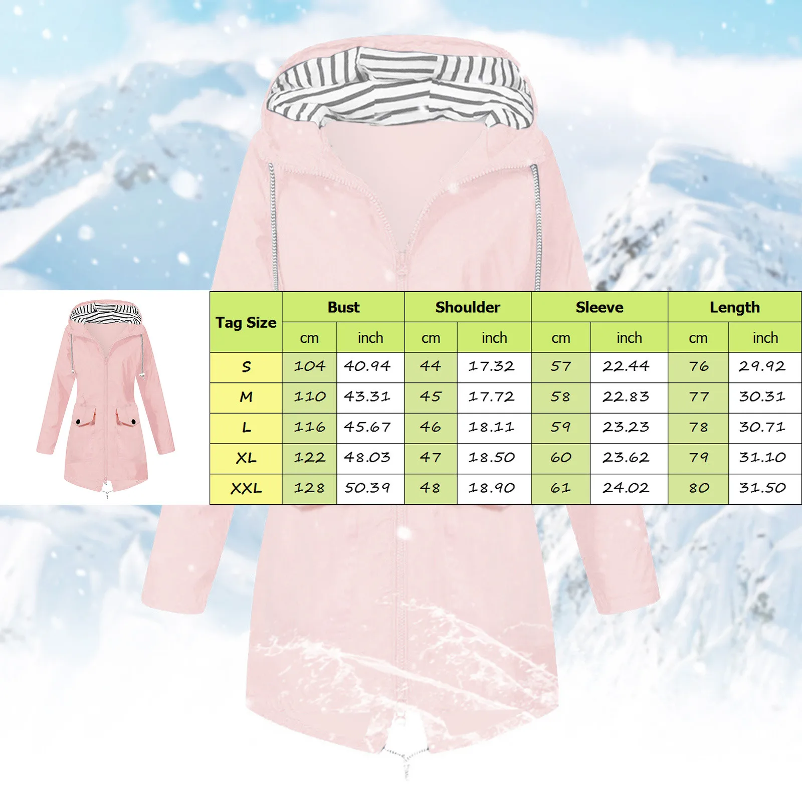 Women Casual Solid Color Long Coat Waterproof Zipper Rain Jacket Solid Color Outdoor Mountaineering Hooded Windproof Windbreaker