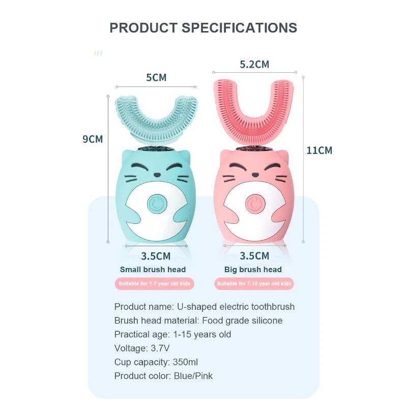 Ipx7 Waterproof Electric Toothbrush Kids U-shaped Sonic Smart Ultrasonic Tooth Brush 360 Degrees Teeth Whitening Foor Waterproof