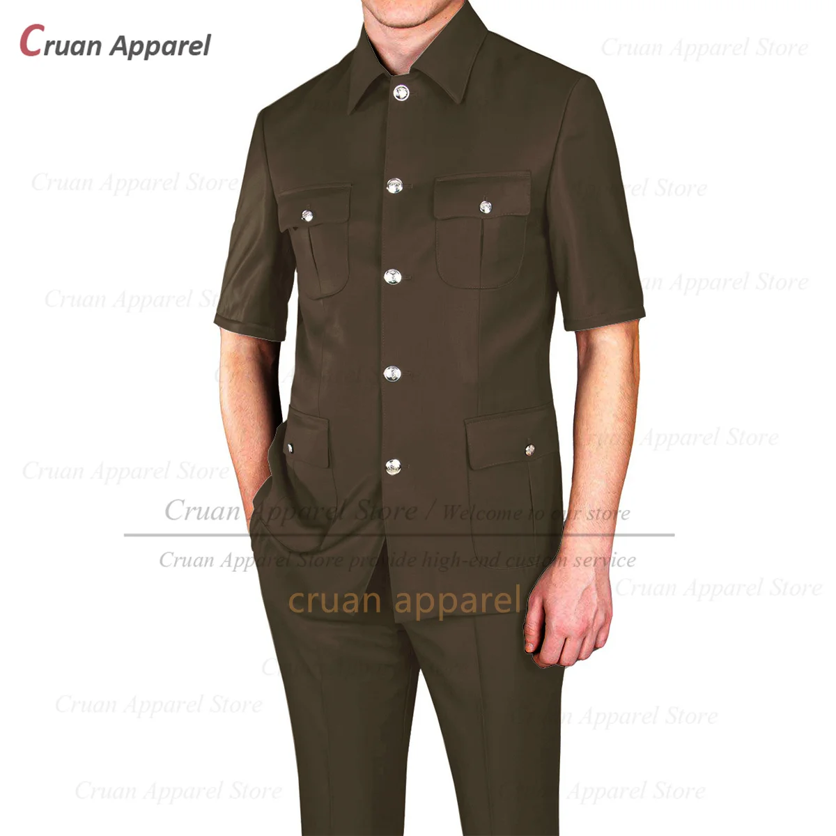 Fashion Men Suit Set Chinese Tunic Suit Summer Wedding Business Slim Fit Blazer Pants 2 Pieces Formal Men Short Sleeve Jackets mens suit