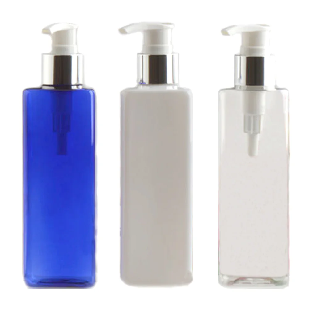 250ml white&blue&transparency color Square Refillable Squeeze PET Portable plastic lotion bottle with Silver color pump sprayer 250ml white