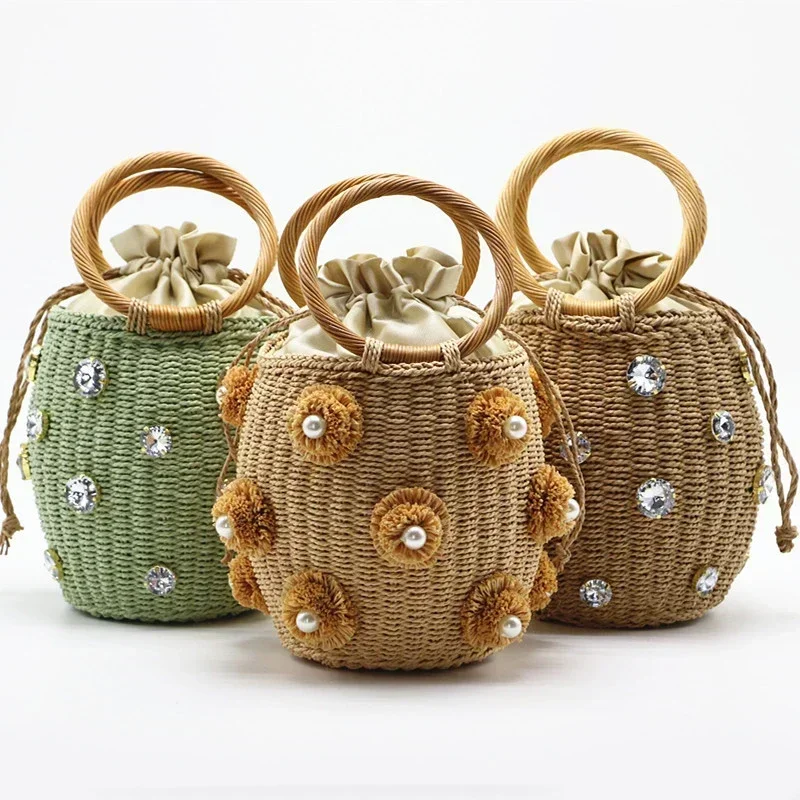 

Purses Crystal New Handmade Travel Lady 2023 Femme Bag Bags En Sac Bucket Straw Straw Rhinestone Paille Embellished Handbags