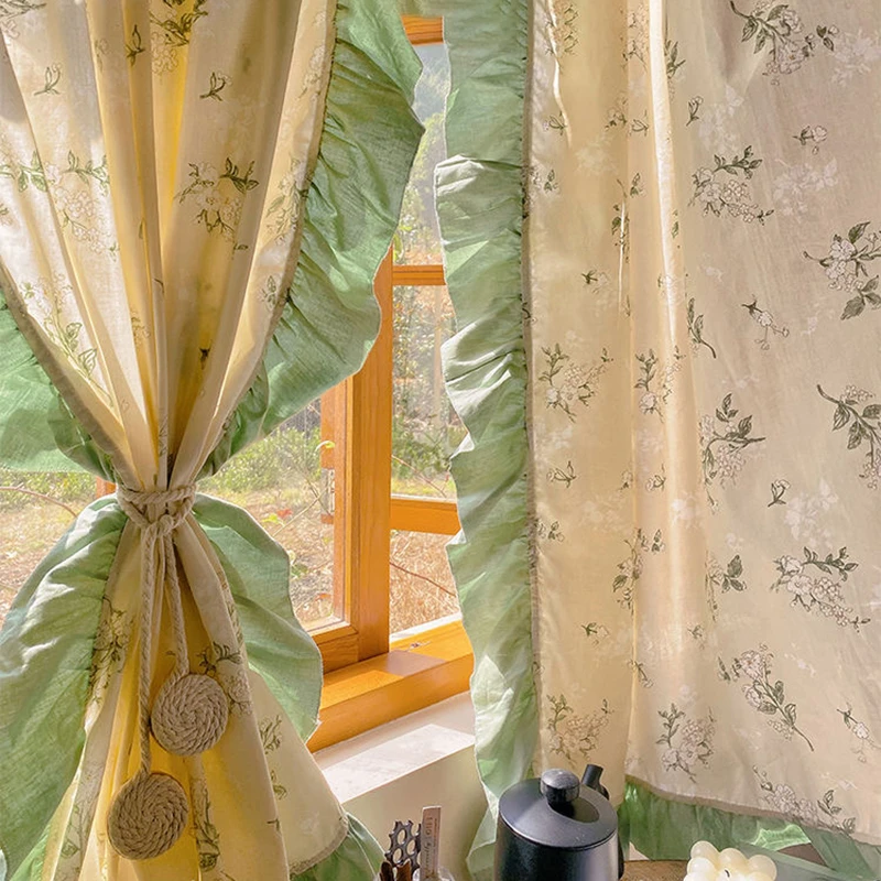 Idyllic French Retro Flowers Door Curtains Cloth for Living Room Green Warp Ruffled Cotton and Linen Curtains for Kitchen #A401 2