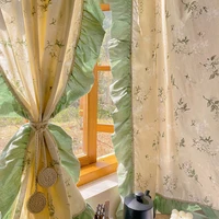 Idyllic French Retro Flowers Door Curtains Cloth for Living Room Green Warp Ruffled Cotton and Linen Curtains for Kitchen #A401 2