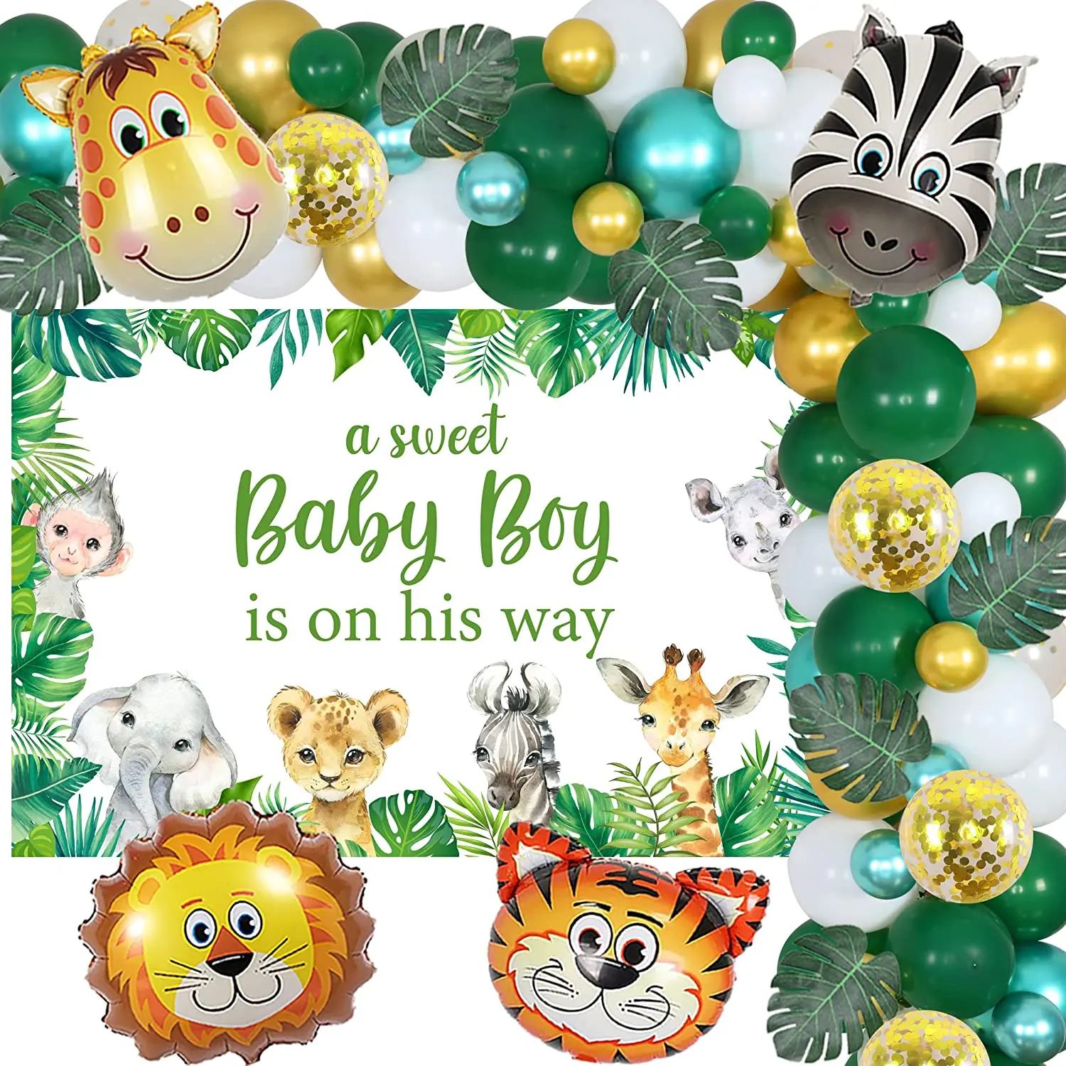 

Funmemoir Jungle Animals Baby Shower Party Decorations for Boys Green Balloon Garland Kit with Baby Boy Is on His Way Backdrop