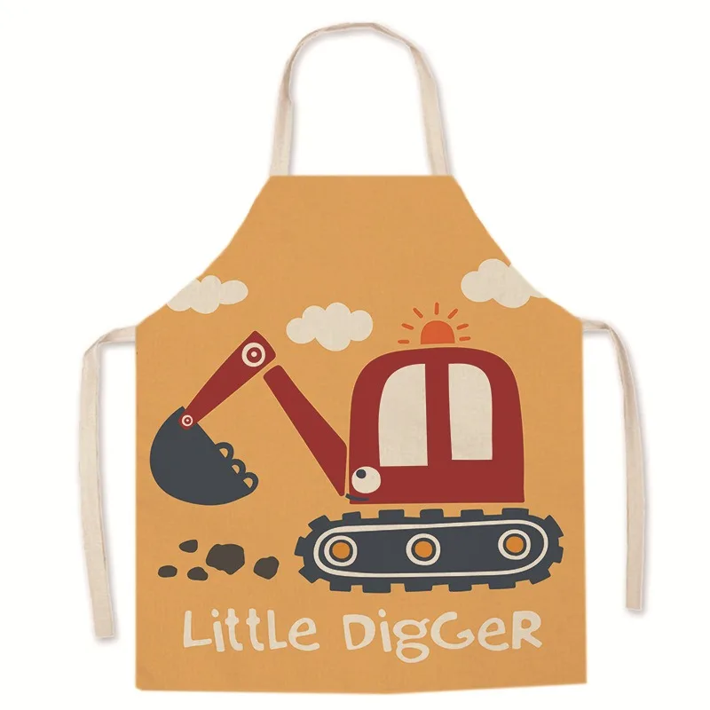 Cute cartoon excavator car burger pattern linen apron halter neck sleeveless apron kitchen cooking cooking bib 4