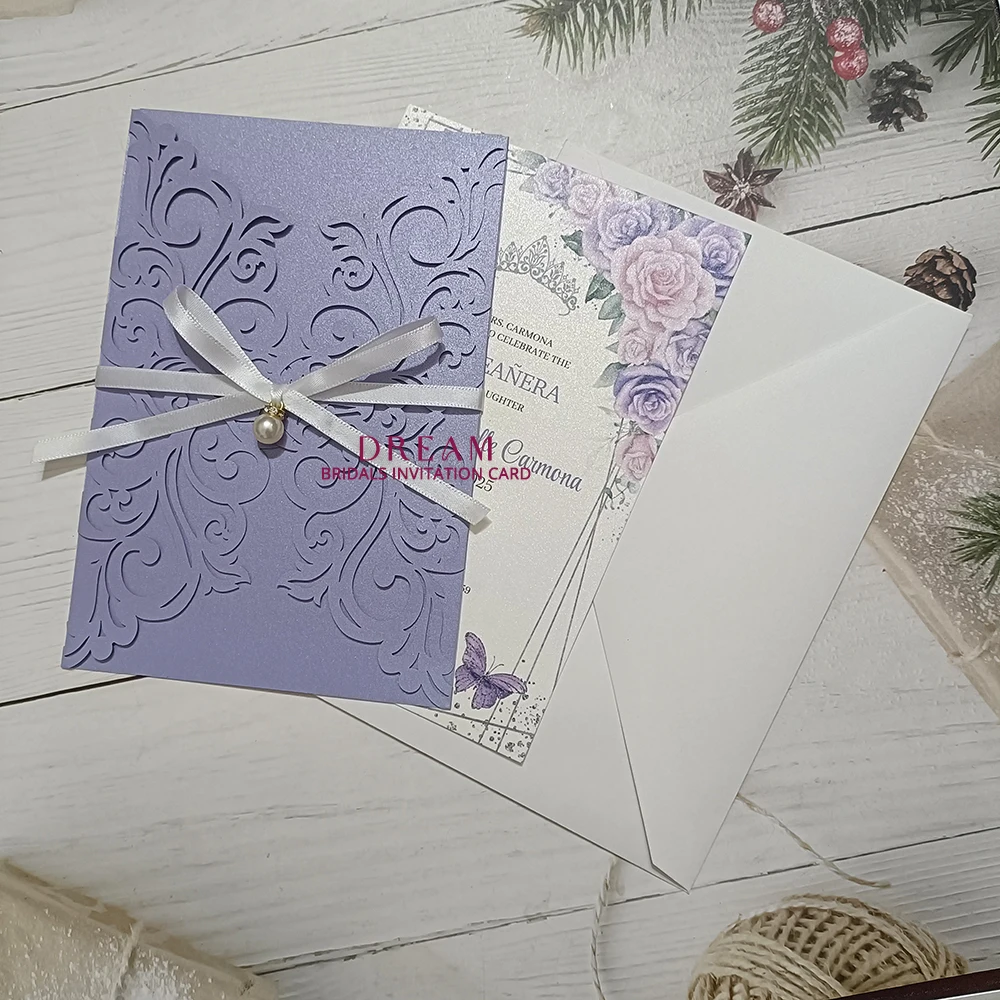 20Set Lavender Paper Wedding Invitation Card Blank Insert Envelope Ribbon Engagement Invites HJ188