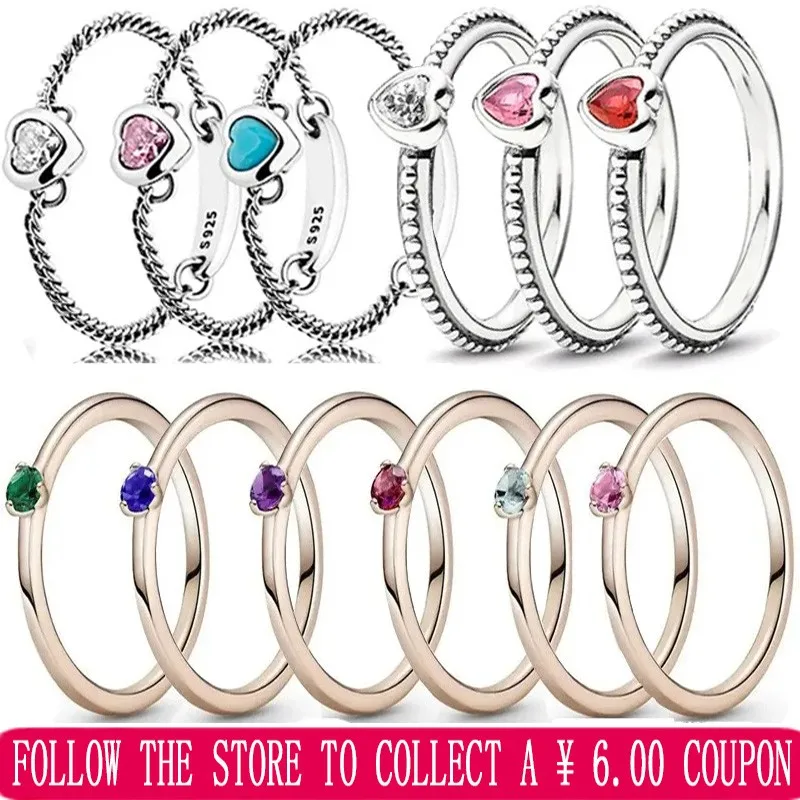 Exquisite 925 Sterling Silver Original Logo Multi Color Single Stone Heart Ring DIY Fashion Jewelry Women's High Quality Gift
