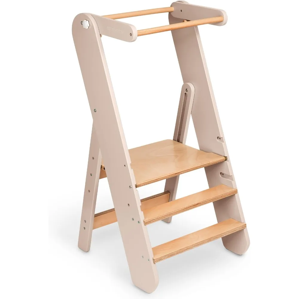 Adjustable Toddler Step Stool, Montessori Tower for Kitchen & Bathroom, Folding Wooden Stool Ages 3+