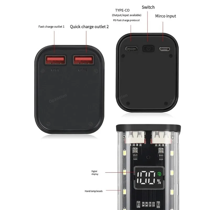8*18650 Power Bank Case 22.5W Fast Charging LED USB C + Micro USB Port Battery Storage Box For iPhone Samsung
