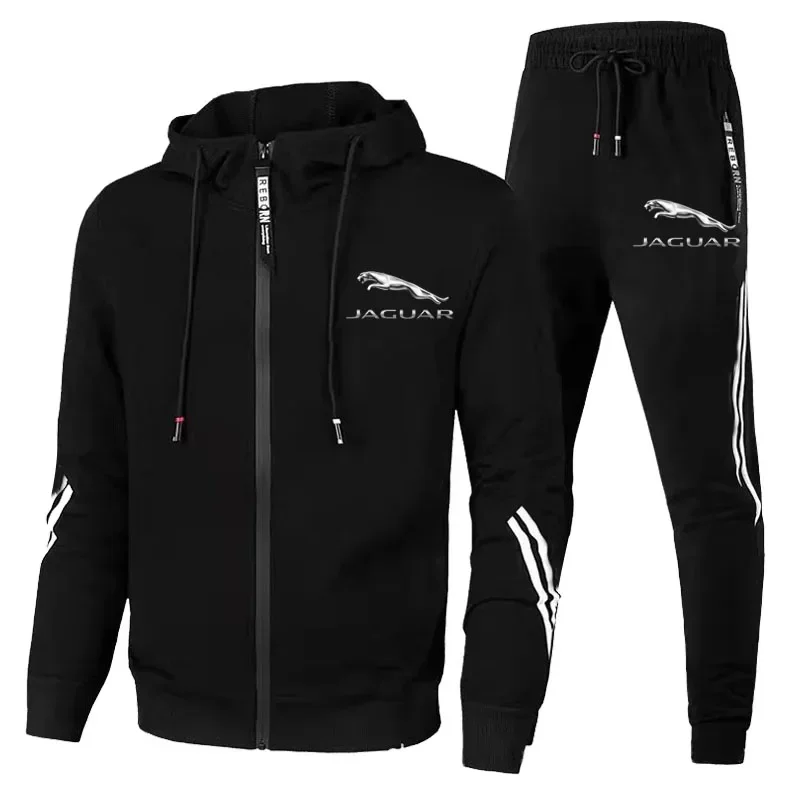 Men Jaguar Car Print 2 Piece Sets Sportswear Zip Hooded Sweatshirt + Pants Gym Running Men Clothing New Tracksuit