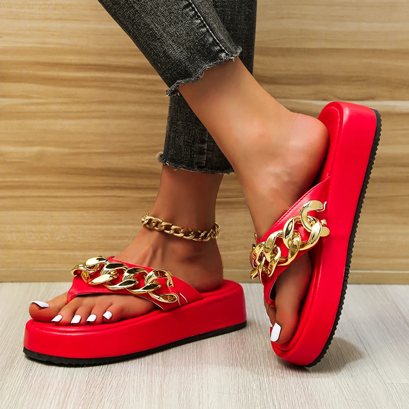 de cadena a la moda para mujer, Sandalias planas informales, zapatillas verano, 2022 - AliExpress