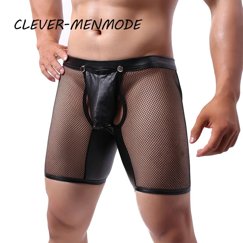 Men's Sexy Boxer Shorts Removable PU Penis Pouch Crotchless Underwear U Convex Open Butt Trunks See Through Mesh Exotic Lingerie men underwear