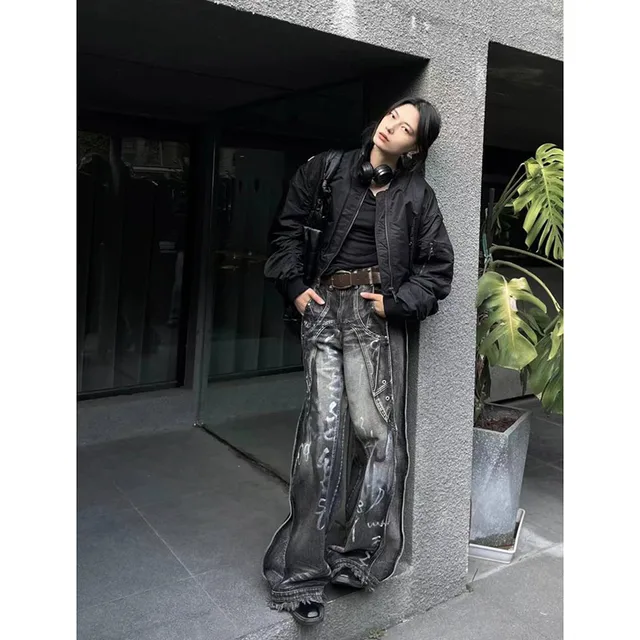 Jean gothique noir pour femmes, Harajuku Y2k des années 90, pantalon en Denim Baggy esthétique, Punk coréen, vêtements poubelles Vintage des années 2000 5