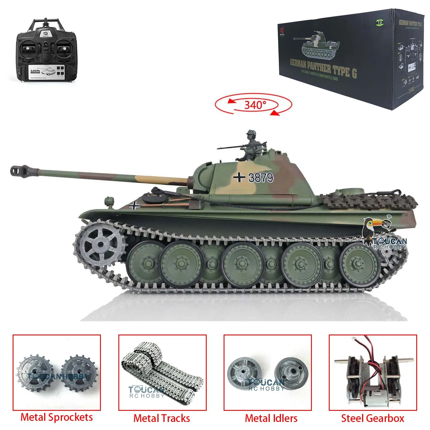 Toys Heng Long 1/16 Scale 7.0 RC Tank 3879 Upgraded German Panther G RTR Metal Tracks Remote Control Car for Boys TH17488-SMT4 3